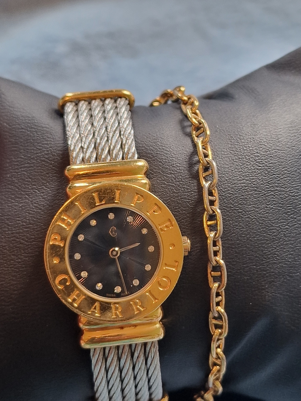Authentic Philippe Charriol Gold-Tone Cable Bracelet Watch - Black Dial